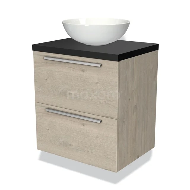 Houten badkamermeubel met zwarte bovenblad, twee lades en witte ronde wastafel. Modern design met Scandinavische uitstraling.