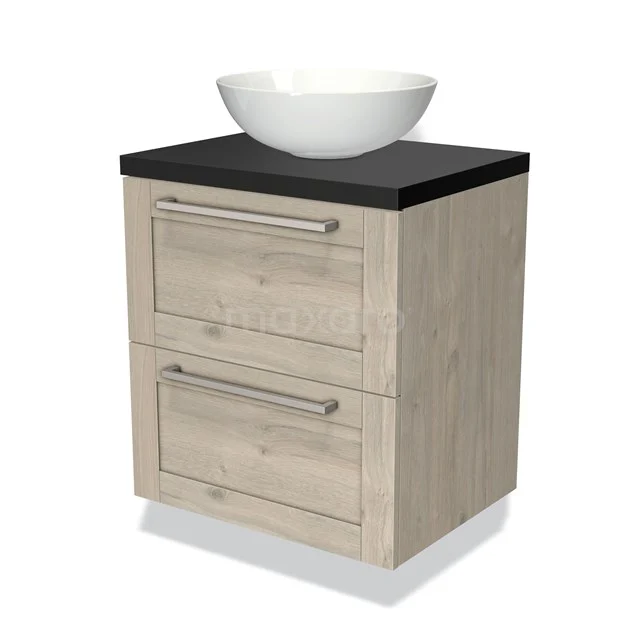 Wooden bathroom unit with countertop wash basin, light oak finish, black stone worktop, two drawers with metal handles.