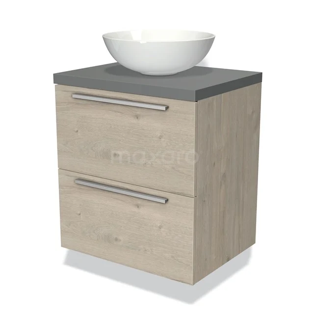 Houten wastafelmeubel met grijs blad, witte ronde waskom en lades, ideaal voor een moderne badkamer inrichting.