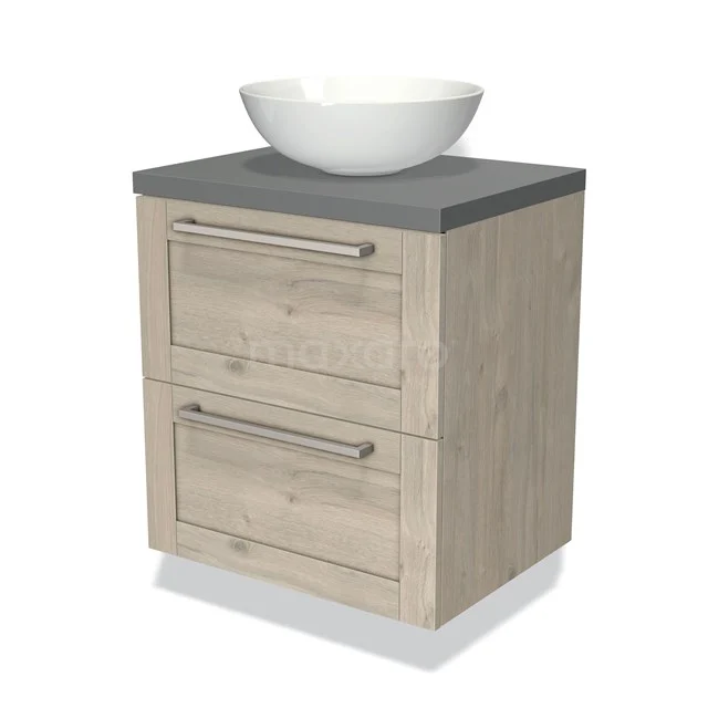Compact houten badkamermeubel met grijze wastafelblad, witte opzetkom en twee lades; modern design voor kleine badkamers.