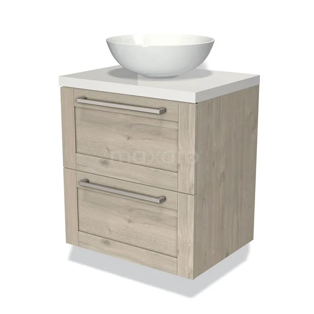 Houten badkamermeubel met twee lades en witte waskom, moderne designstijl, ideaal voor compacte badkamerinrichting.