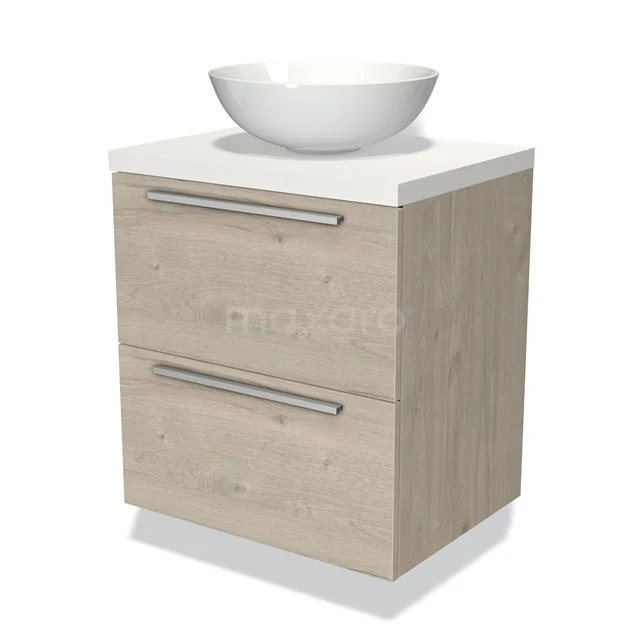 Modernes Badmöbel mit Holzoptik, weißem keramischen Aufsatzwaschbecken und zwei Schubladen, ideal für stilvolle Badezimmeraufbewahrungslösungen.