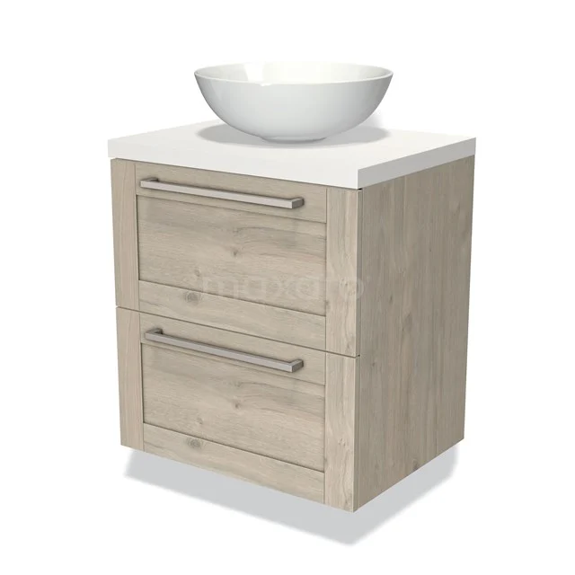 Houten badkamermeubel met twee lades, witte ronde wastafel bovenop, modern design, ideaal voor compacte badkamers.