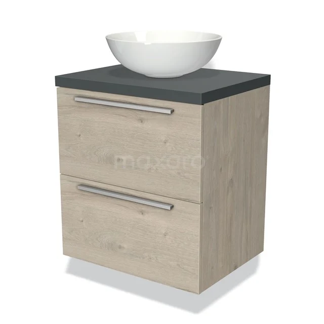 Houten badkamermeubel met twee lades, zwart blad en witte waskom, ideaal voor een moderne badkamer inrichting.