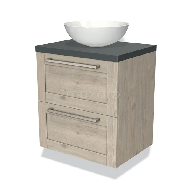 Wooden bathroom unit with natural stone worktop, white countertop wash basin and two drawers, suitable for modern bathroom design.
