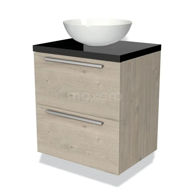 Houten badkamermeubel met twee lades, zwart blad en witte keramische opzetwastafel, modern en compact design.