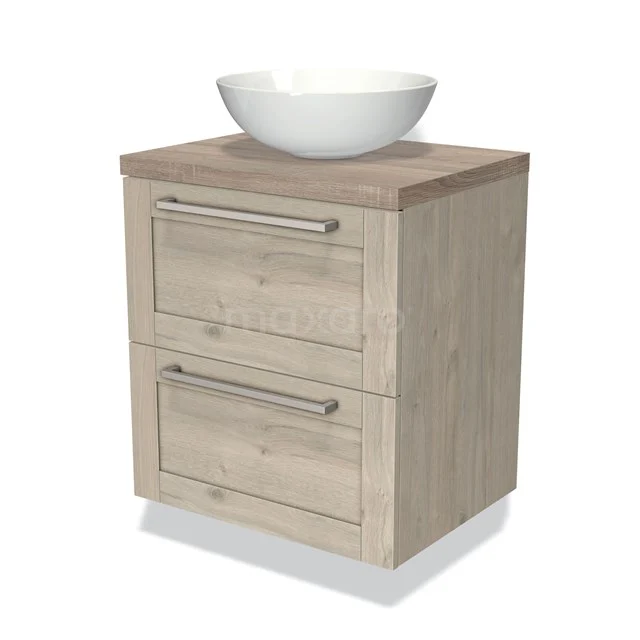 Houten badkamerkast met twee lades, naturel eiken look, keramische witte komvormige wastafel bovenop, modern en compact ontwerp.