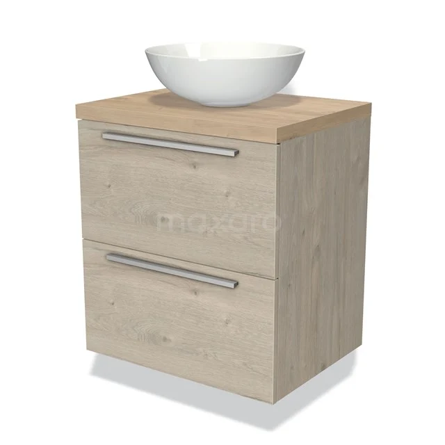 Licht houten badkamermeubel met twee lades en geïntegreerde witte waskom, moderne stijl, ideaal voor compacte badkamers.