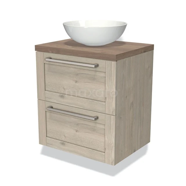 Houten badkamermeubel met twee lades, een wit keramische waskom en robuust eiken blad uit de moderne badkamercollectie.