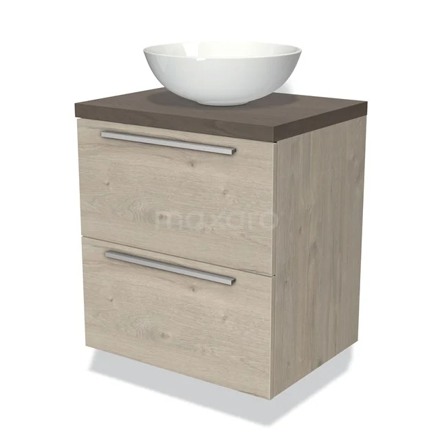 Compacte houten badkamermeubel met twee lades, donkerhouten blad en witte keramische waskom, ideaal voor moderne badkamers.