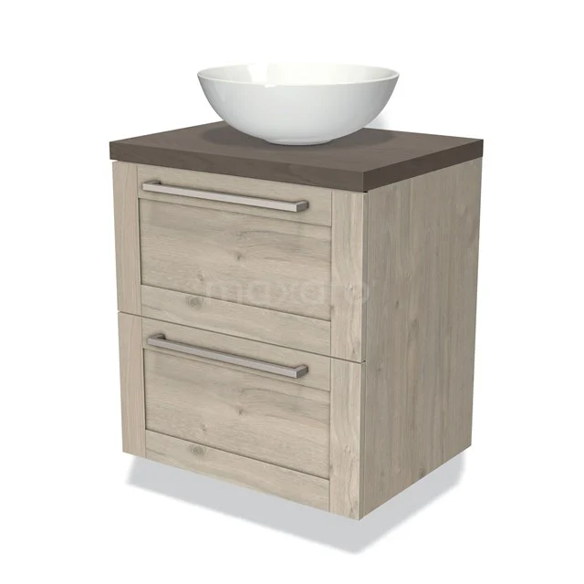 Houten badkamermeubel met wastafel, licht eiken afwerking, twee lades en modern design. Perfect voor een stijlvolle badkamer.