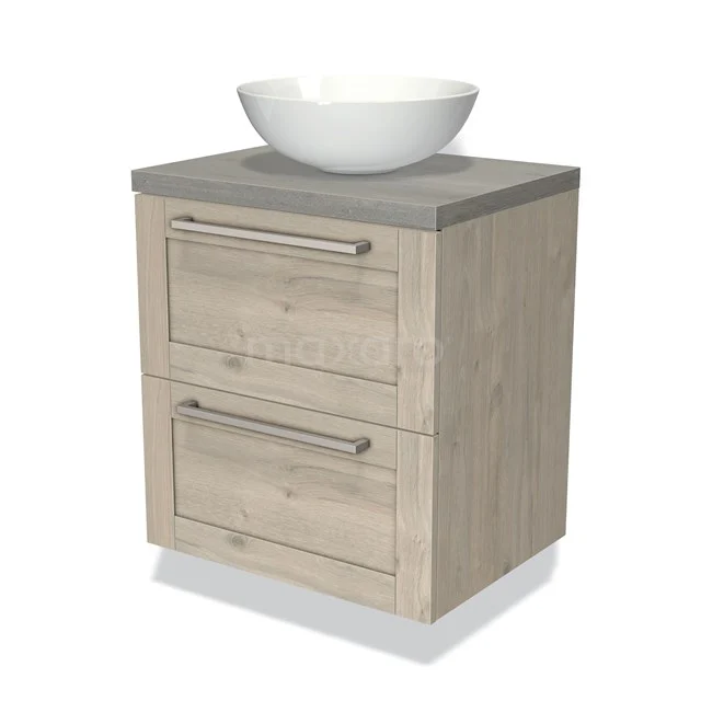 Wooden bathroom unit with grey worktop, round white countertop wash basin and two drawers, modern design.