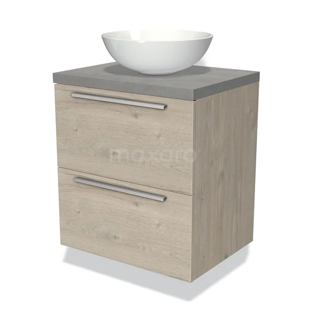 Hölzernes Badezimmermöbel mit grauer Platte, zwei Schubladen und weißem runden Aufsatzwaschbecken, ideal für moderne Badezimmergestaltung.