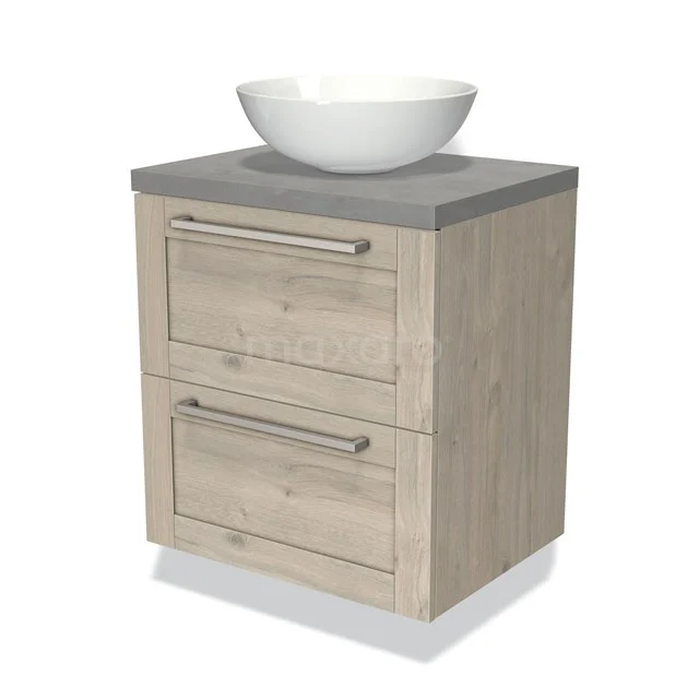 Badmöbel für Waschtischunterschrank mit Konsole 60cm Modulo Plato hellgraue Eiche 2 Schubladenrahmen hellgrauer Beton Platte BMK17-01204 Holz-Badmöbel mit Waschbecken, graue Platte, zwei Schubladen und modernen Haltegriffen; ideal für stilvollen Badezimmerraum.