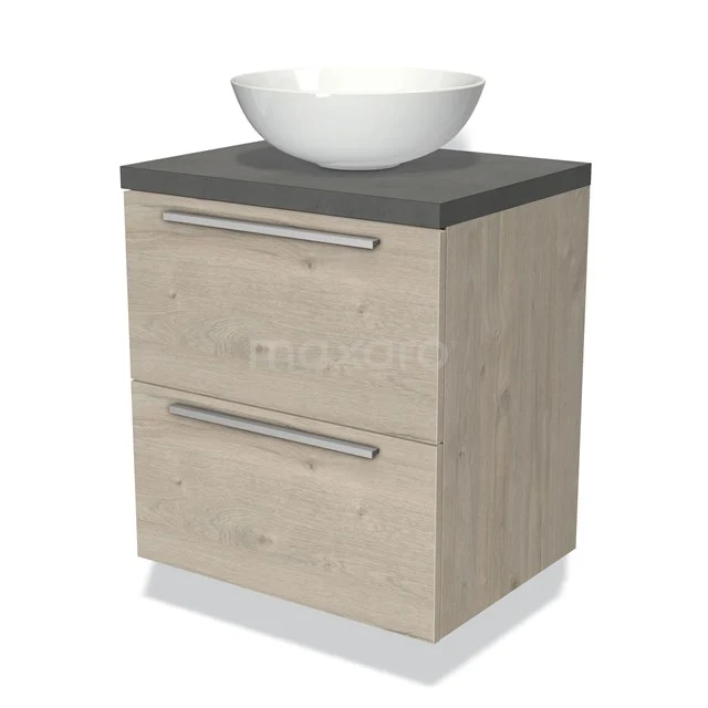 Houten badkamermeubel met 2 lades, grijs stenen blad en witte opbouwwasbak, modern design.