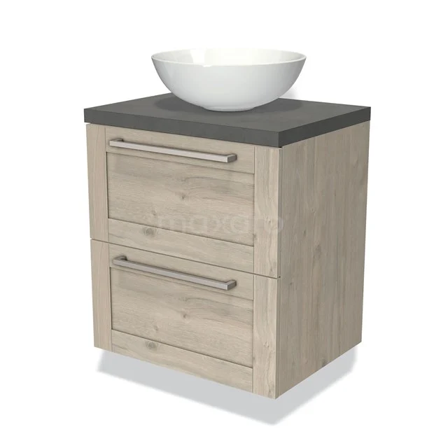 Houten badkamermeubel met twee lades, zwart wastafelblad en ronde witte kom; compact ontwerp ideaal voor moderne badkamers.
