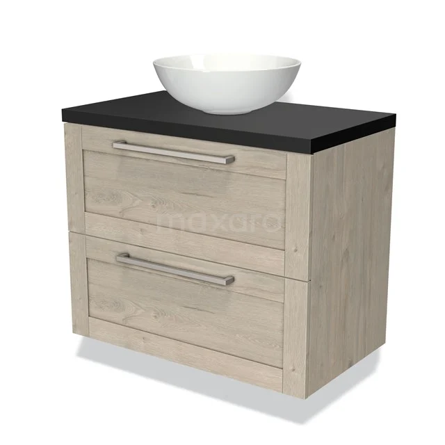 Houten badkamermeubel met een donkere blad, twee lades en een witte keramische wastafel in modern design.
