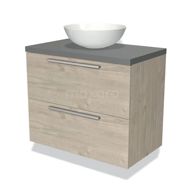 Holz-Badmöbel mit zwei Schubladen, grauer Platte und weißem runden Aufsatzwaschbecken, ideal für einen modernen Badezimmerstil.