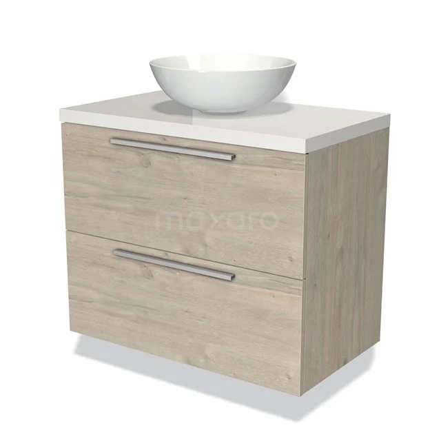 Badmöbel für Waschtischunterschrank mit Konsole 80cm Modulo Plato hellgraue Eiche 2 Schubladen Flach Hochglanz Weiß Platte BMK17-01211 Holz Badezimmermöbel mit zwei Schubladen, weißer Platte und runder schalenförmiger Waschbecken, modernes Design.