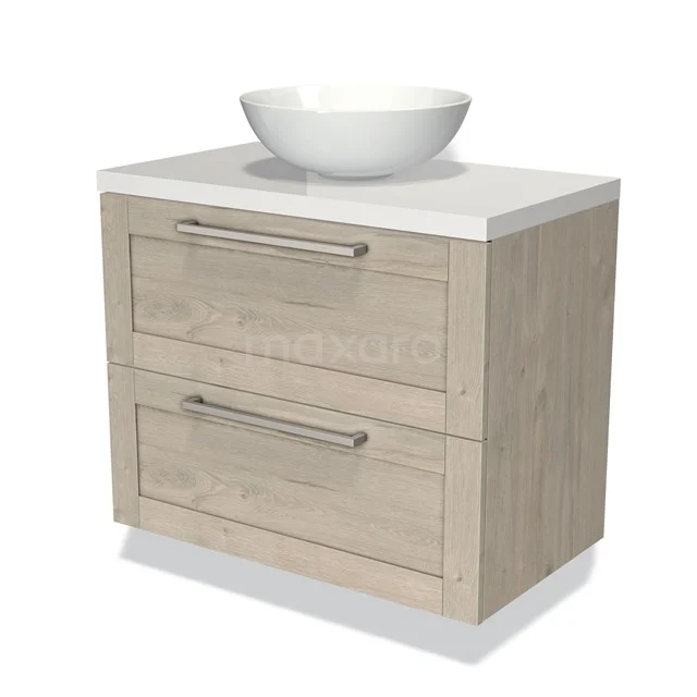 Wooden vanity units with basin, light oak colour, two drawers with metal handles, modern and stylish design.