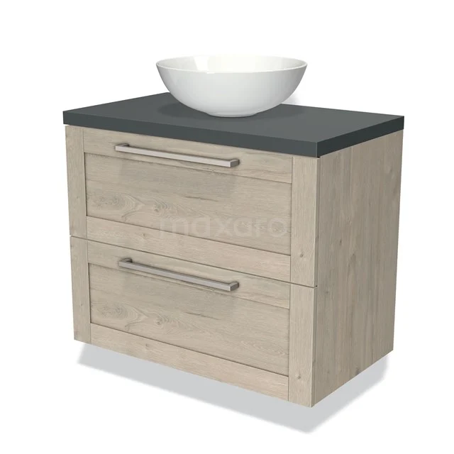Wooden vanity unit with two drawers, black worktop and white countertop wash basin, perfect for a stylish and modern bathroom layout.