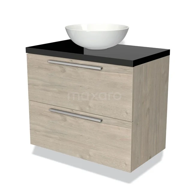 Modern eikenhouten badkamermeubel met zwarte bovenkant en witte keramische waskom, ideaal voor stijlvolle badkamers.