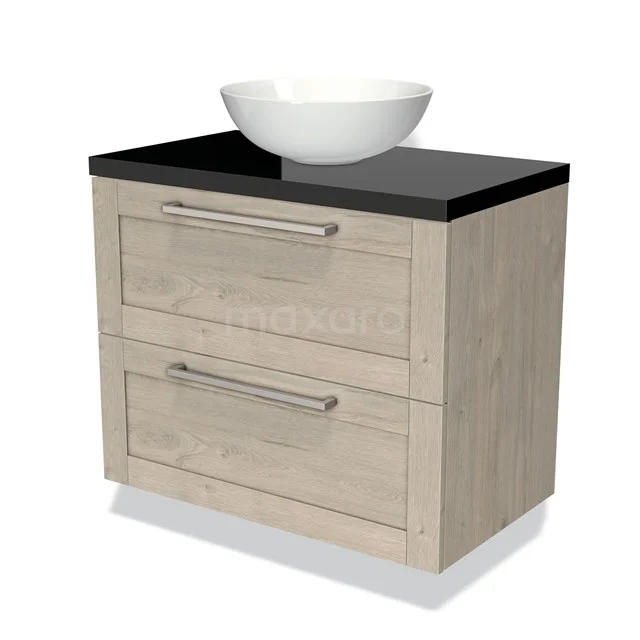Houten badkamermeubel met twee lades, zwarte blad en witte waskom, ideaal voor een moderne badkamerstijl.