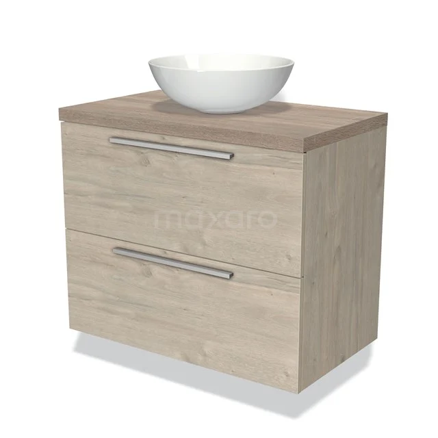 Badkamermeubel houtlook met waskom, modern design, twee lades en metalen handgrepen, perfect voor stijlvolle badkamers.