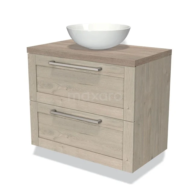Houten badkamermeubel met twee lades, modern design en geïntegreerde witte komvormige wastafel.
