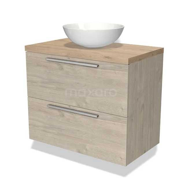 Houten badkamermeubel met twee lades en witte komvormige wastafel, ideaal voor een stijlvolle en georganiseerde badkamer.
