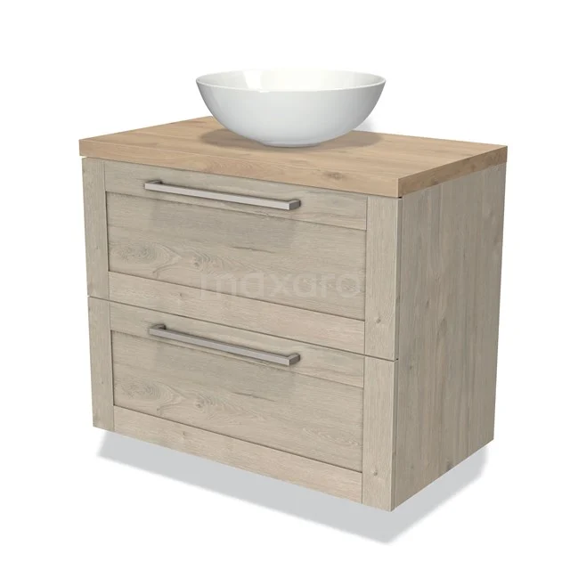 Bathroom unit wood-look with white ceramic countertop wash basin, chrome drawer handles and soft-close drawer system.