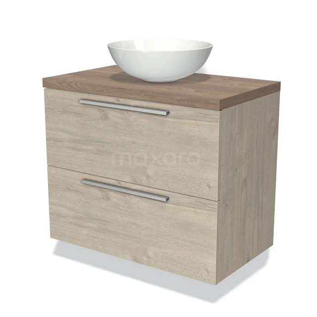 Badkamermeubel houtlook met witte waskom, modern ontwerp, twee lades en metalen grepen voor stijlvolle opbergruimte.