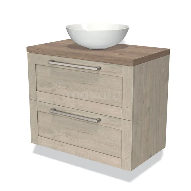 Houten badkamermeubel met twee lades en witte keramische waskom, ideaal voor moderne badkamerinterieurs.