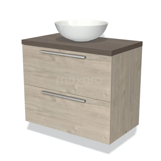 Holz-Badmöbel mit modernem Aufsatzwaschbecken, heller Holzfarbe, dunkelbrauner Platte und silbernen Griffen, ideal für ein stilvolles Badezimmer.