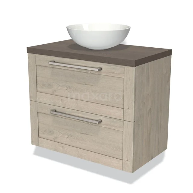 Licht eiken badkamermeubel met twee lades, donkerhouten blad en witte komvormige wasbak, ideaal voor stijlvolle badkamers.