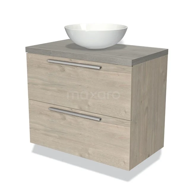 Houten badkamermeubel met grijze wastafelblad en witte komvormige wastafel, modern design en dubbele lades.