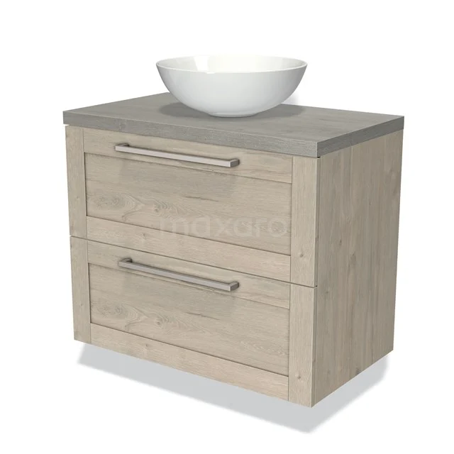 Houten wastafelmeubel met grijs blad en witte kom, twee lades en moderne handgrepen, perfect voor stijlvolle badkamers.