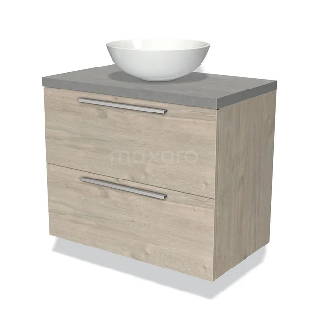 Badmöbel für Waschtischunterschrank mit Konsole 80cm Modulo Plato hellgraue Eiche 2 Schubladen Flach hellgrauer Beton Platte BMK17-01229 Holz-Badmöbel mit grauem Steinplatte und weißem runden Aufsatzwaschbecken, zwei Schubladen und metallischen Haltegriffen.