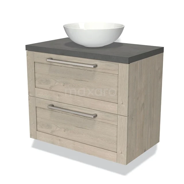 Houten badkamermeubel met grijze wastafelblad en witte kom, modern design met twee lades en metalen handgrepen.