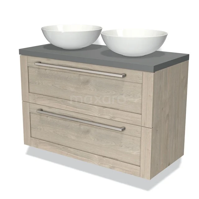 Wooden Bathroom unit with 2 drawers, grey worktop and 2 white countertop wash basins; stylish and practical for any modern bathroom.