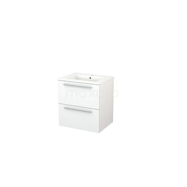 Modulo+ Waschtische | 60 cm Matt Weiß Flach front Keramik 2 übereinanderliegende Schubladen BMP002335 Weißes Badezimmermöbel mit zwei Schubladen, glänzender Oberfläche und keramischem Waschbecken; ideal für moderne Badezimmer.
