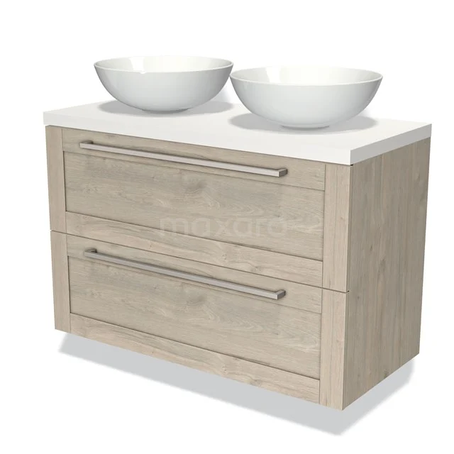 Houten badkamermeubel met twee witte waskommen, dubbele lades en een modern design, perfecte opbergoplossing voor badkamers.