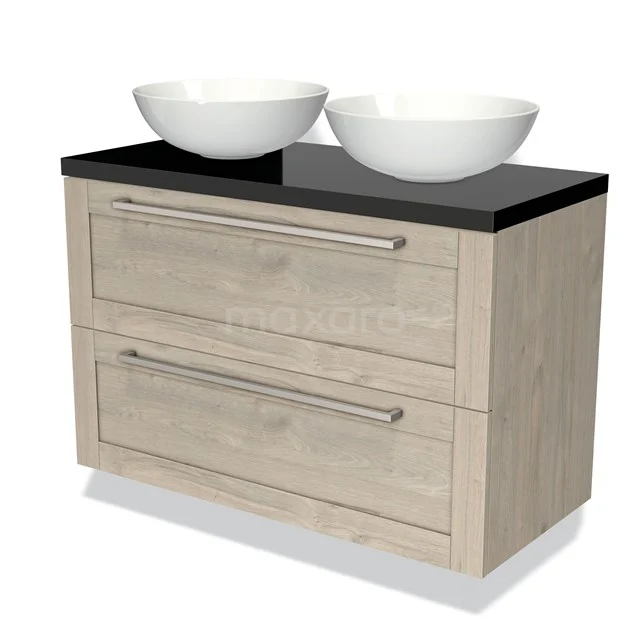 Houten badkamermeubel met twee lades, zwarte wastafelblad en witte komvormige waskommen, ideaal voor een moderne badkamer.
