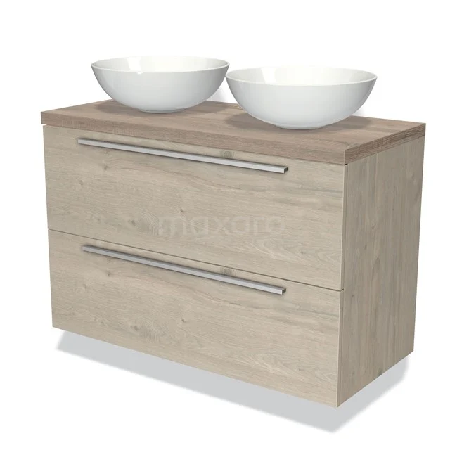 Houten badkamermeubel met twee lades en dubbele witte waskommen, ideaal voor een moderne en stijlvolle badkamerinrichting.