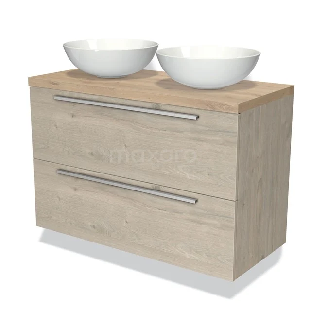 Houten badkamermeubel met twee lades, licht eiken, inclusief dubbele witte waskommen, ideaal voor moderne badkamerinrichting.