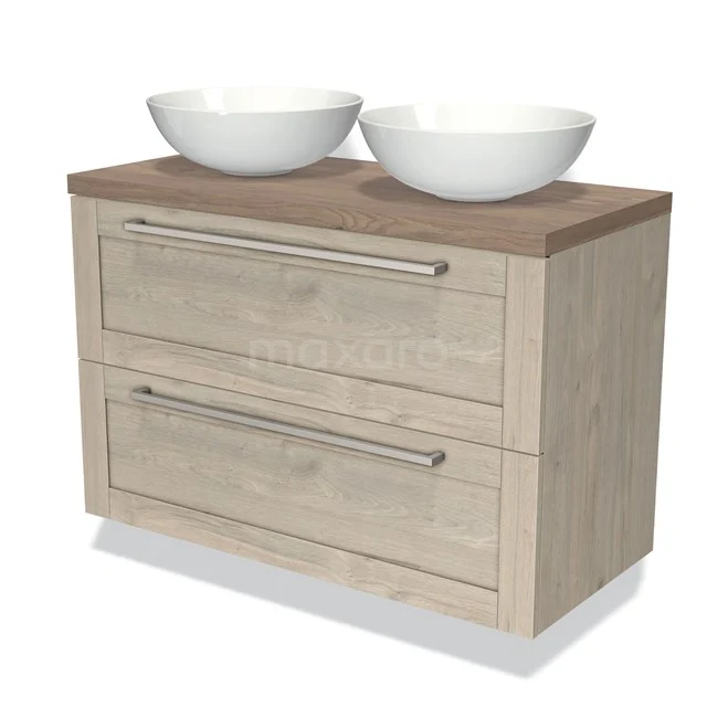 Wooden bathroom unit with two drawers, brown top and two white surface-mounted washbasins, modern and practical design.