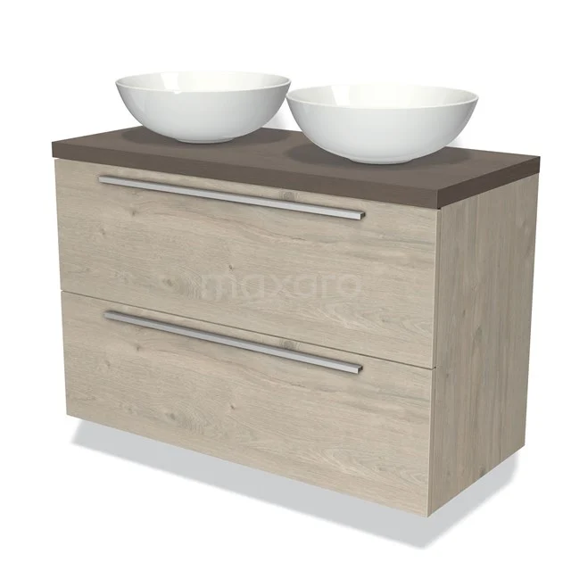 Holz Badmöbel mit zwei weißen Waschbecken, Design mit Schubladengriffen, ideal für moderne Badezimmerinterieurs.