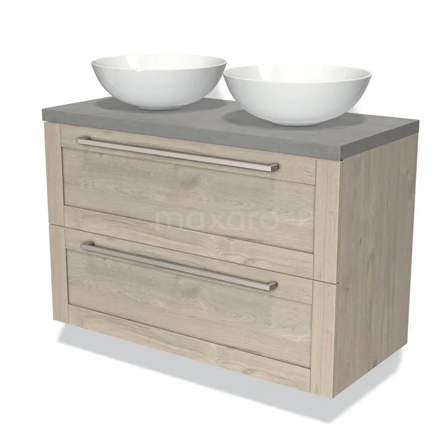 Houten badkamermeubel met twee lades, betonnen blad en dubbele witte waskom, ideaal voor moderne badkamers.
