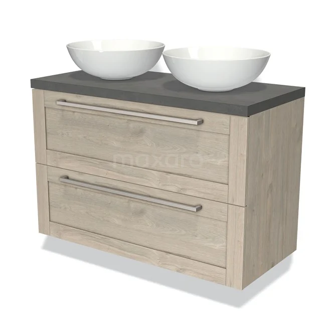 Wooden bathroom unit with two drawers, black worktop and double white countertop wash basin, modern design and natural look.