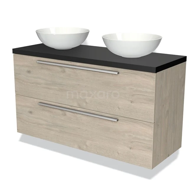 Houten badkamermeubel met lichte houtnerf, zwart werkblad en twee witte waskommen, modern ontwerp.